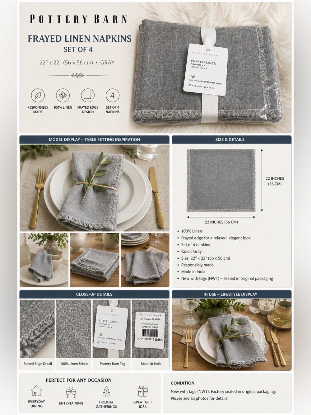 Pottery Barn Frayed Linen Napkins Gray Set of 4 22x22 NWT Table Linens